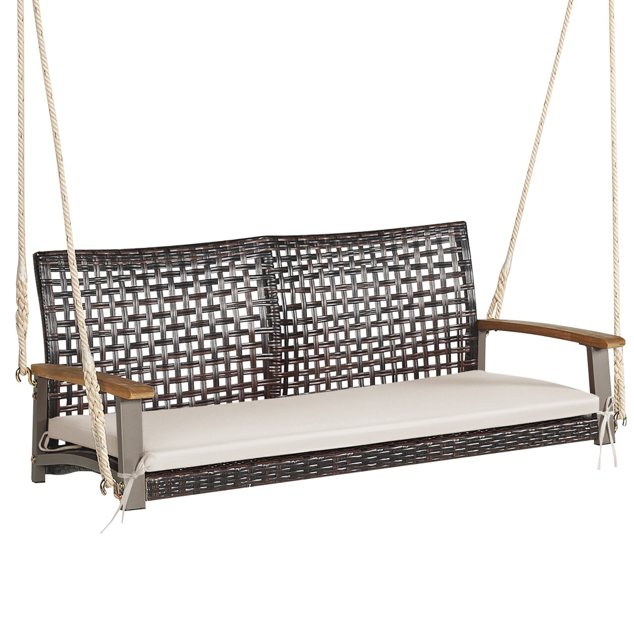 Costway 2-Person Patio Rattan Hanging Swing Chair Porch Loveseat Cushion Off